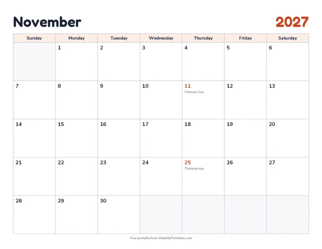November 2027 calendar printable in the classic design with a tomato color theme with Veterans Day and Thanksgiving marked