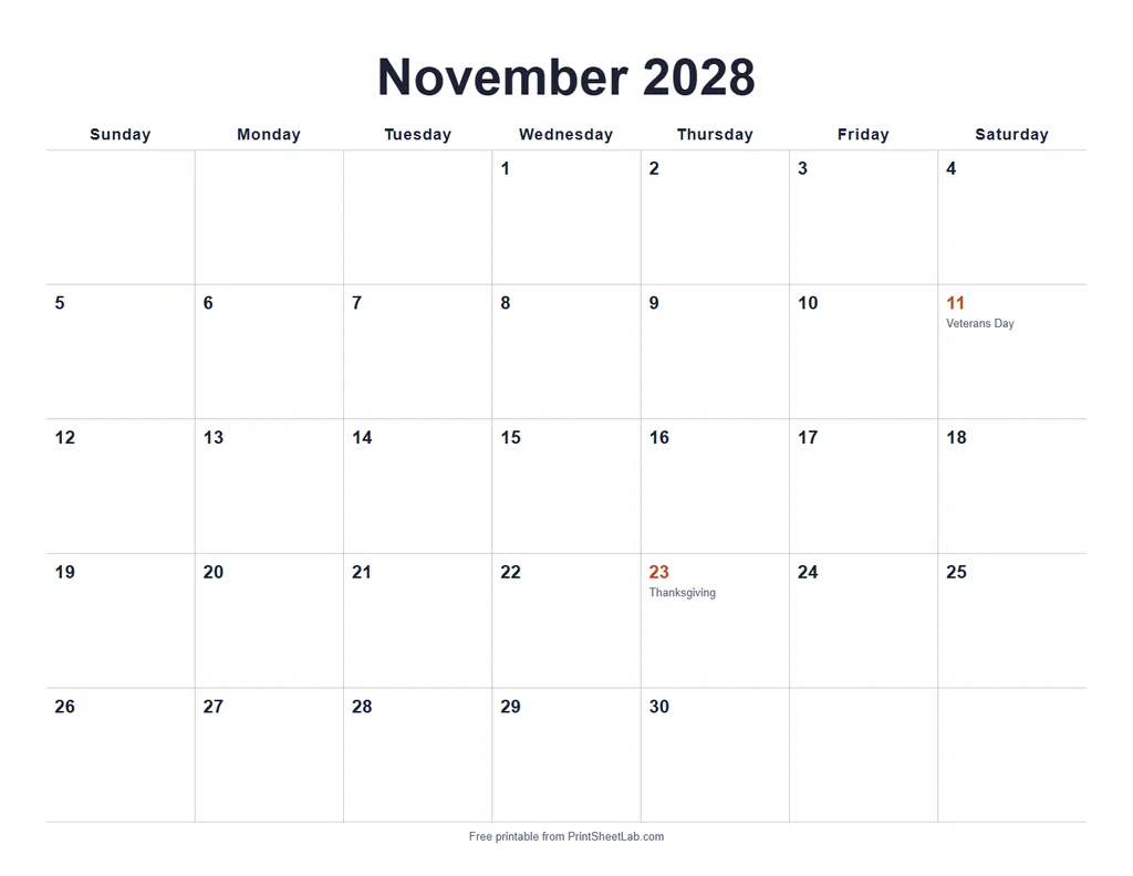 November 2028 calendar printable in the minimal design with a tomato color theme