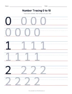Preschool math worksheets: number tracing 0 to 10