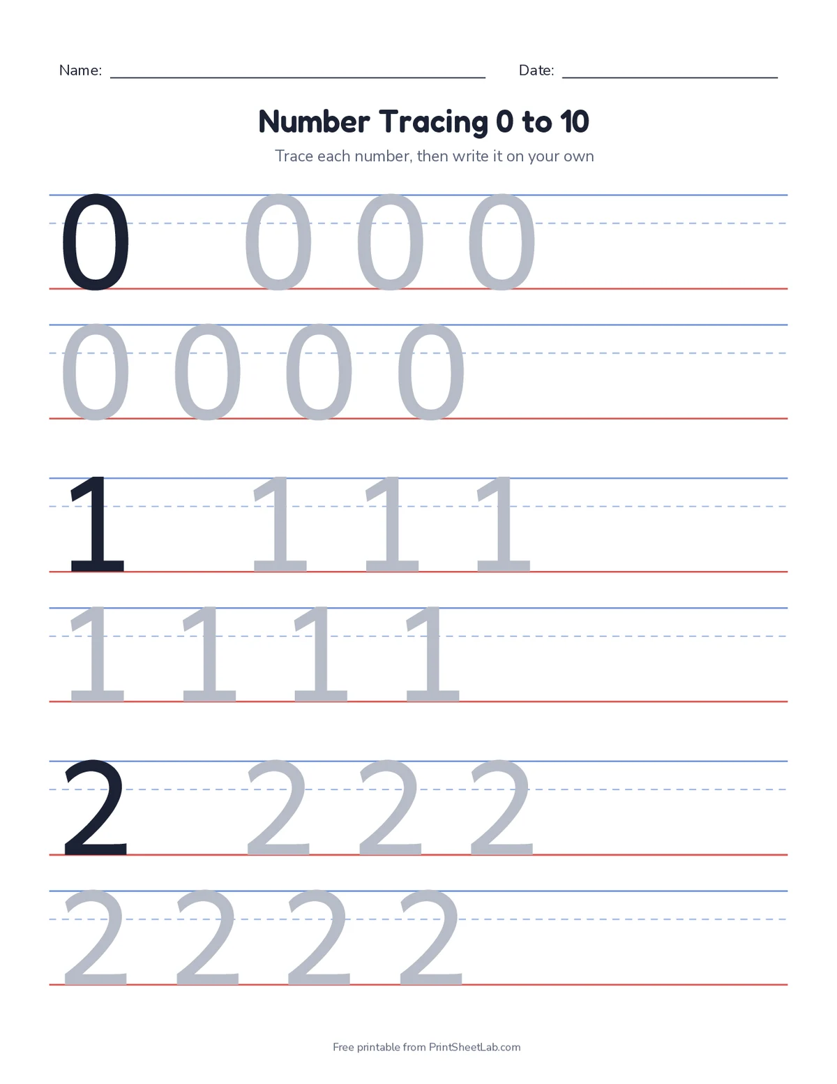 preschool number activities printable: tracing