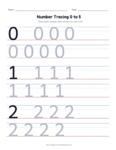 Preschool math worksheets: number tracing 0 to 5