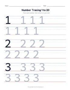 Number Tracing 1 to 20 printable worksheet for preschool and kindergarten