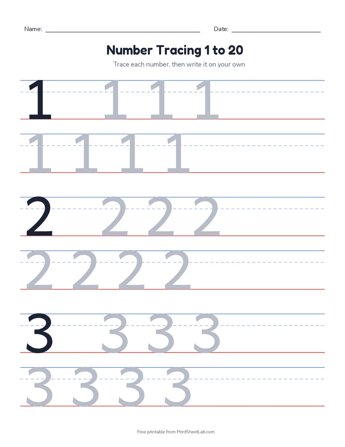 kindergarten handwriting worksheets: number tracing