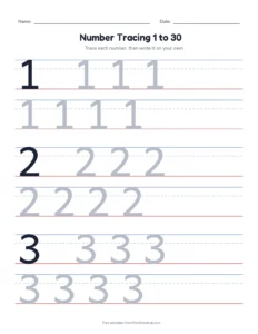 Number Tracing 1 to 30 printable worksheet for preschool and kindergarten