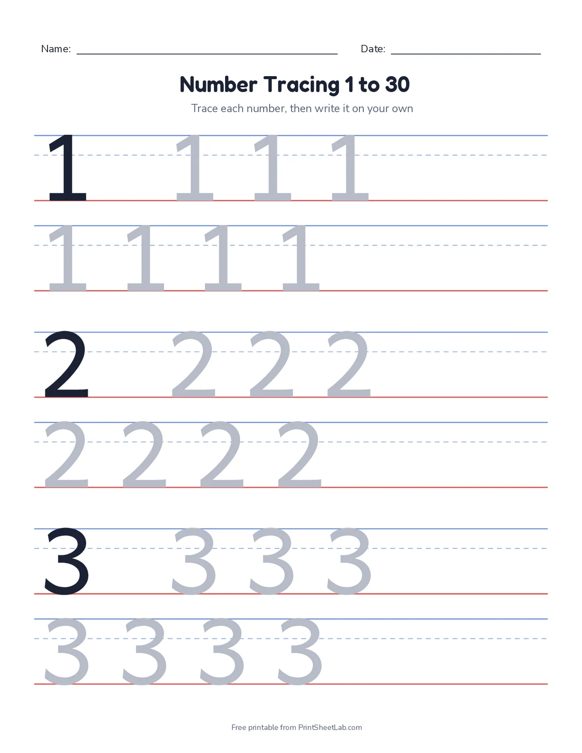 kindergarten number worksheets: tracing 1 to 30