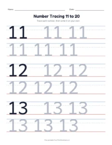 Number Tracing 11 to 20 printable worksheet for preschool and kindergarten