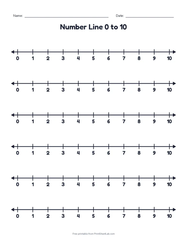 Printable number line 0 to 10 with six large number lines for kindergarten