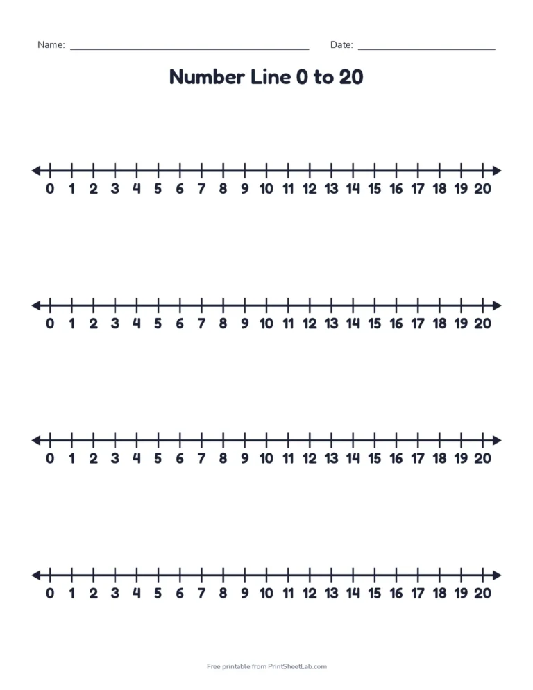 Printable number line 0 to 20 worksheet with four number lines