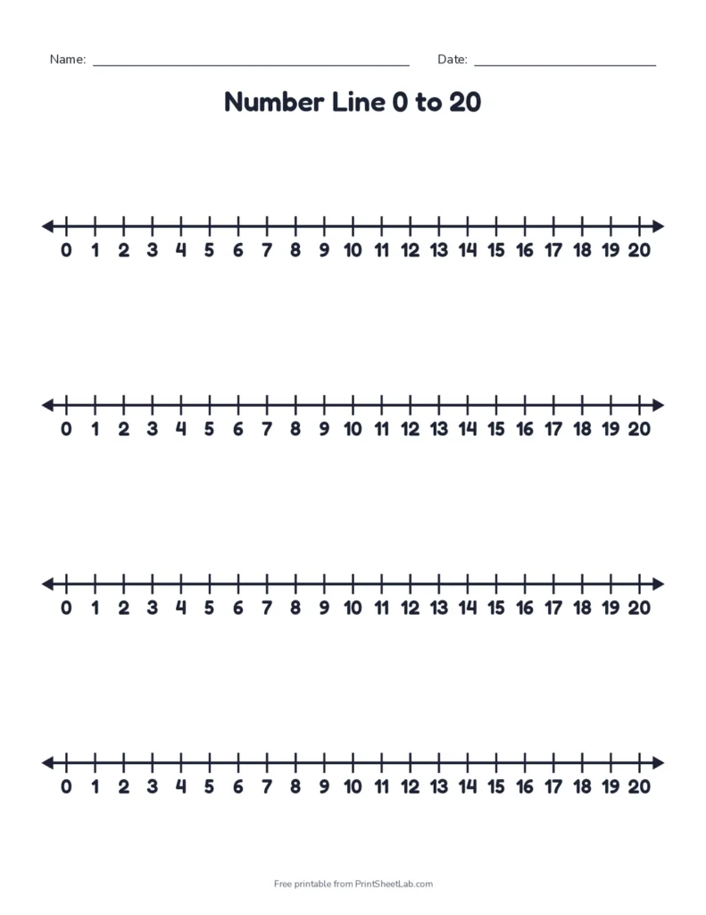 Printable number line 0 to 20 worksheet with four number lines