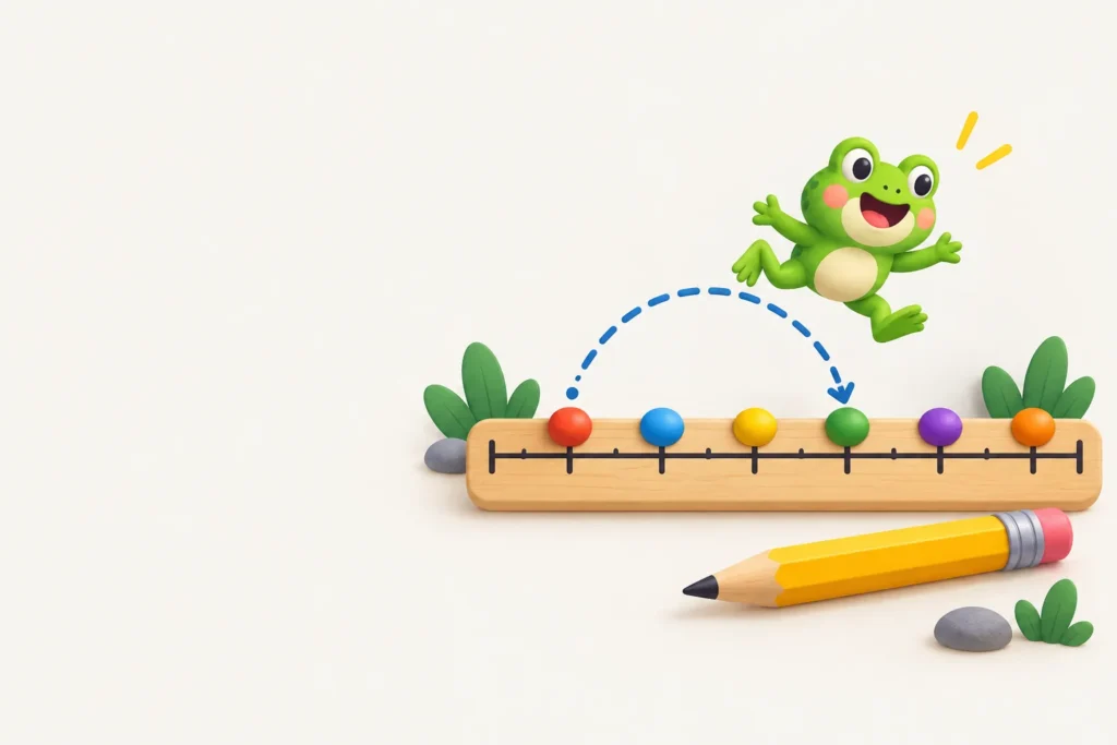 Illustration of a green frog hopping along a wooden number line with colorful beads and a pencil
