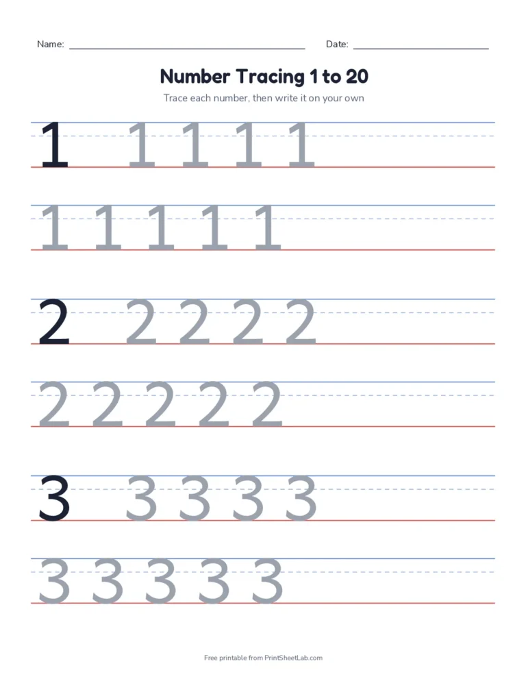 Medium size number tracing worksheets for numbers 1 to 20
