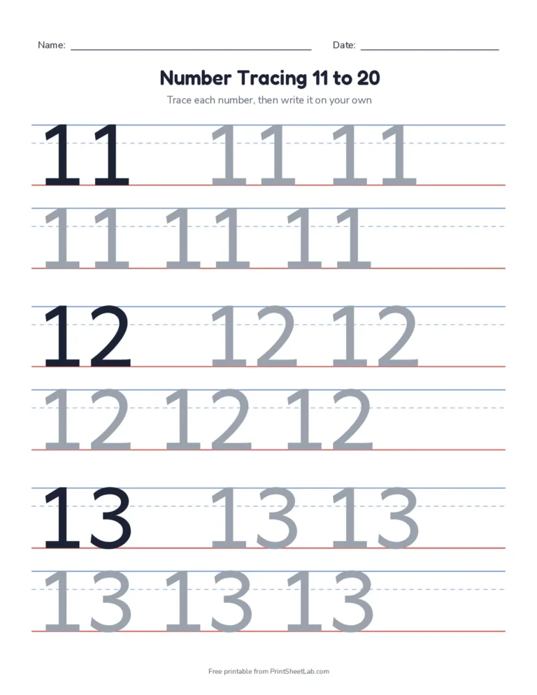 Number tracing worksheets for the teen numbers 11 to 20 on handwriting lines