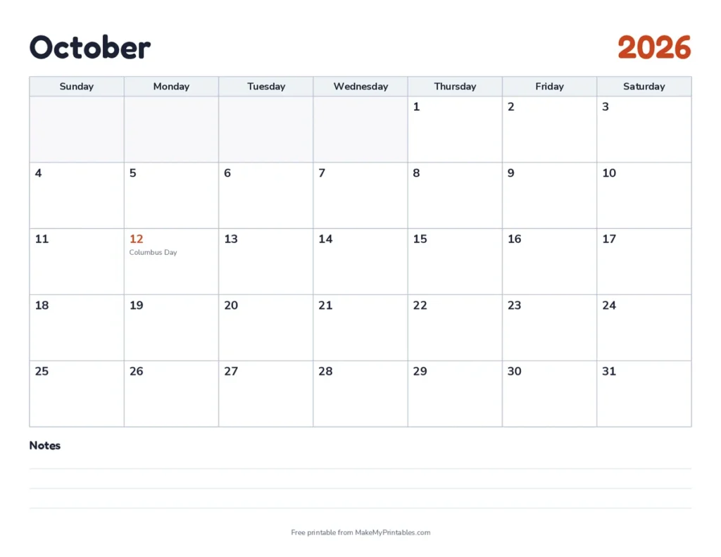 October 2026 calendar printable in landscape with US holidays marked, Columbus Day on October 12, and notes lines at the bottom