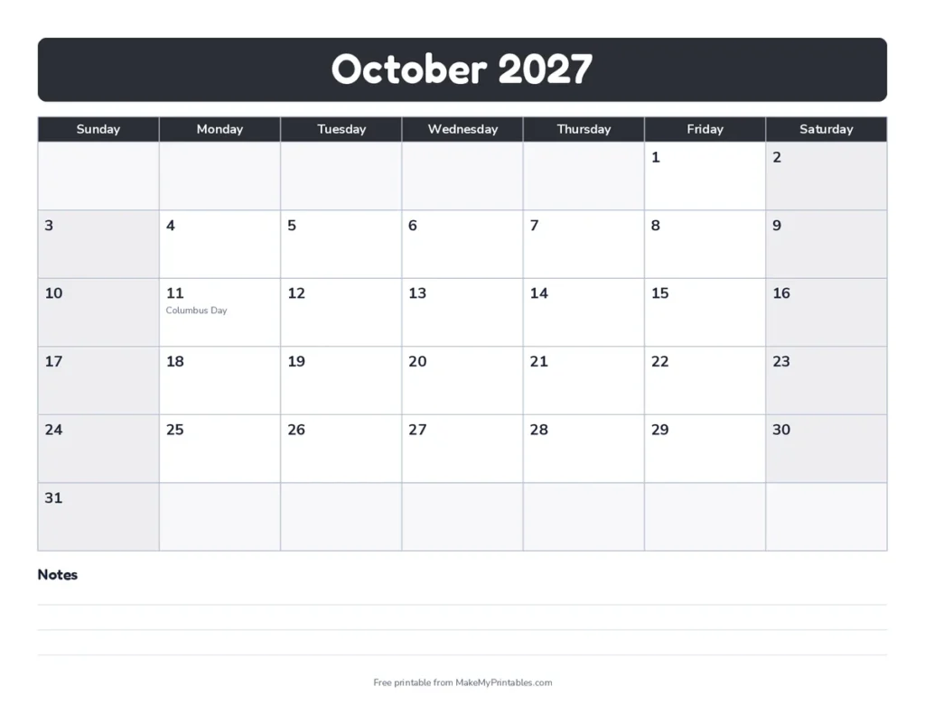 October 2027 calendar printable in the bold band design with a charcoal color theme with Columbus Day marked