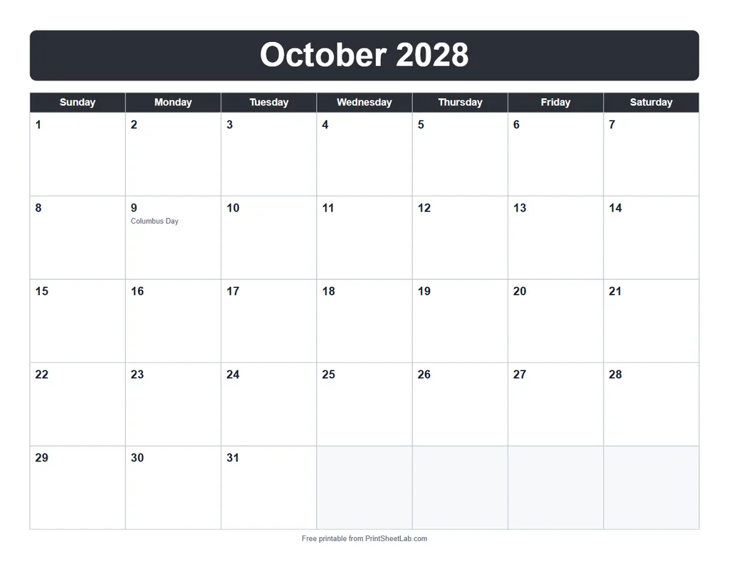 October 2028 calendar printable in the bold band design with a charcoal color theme