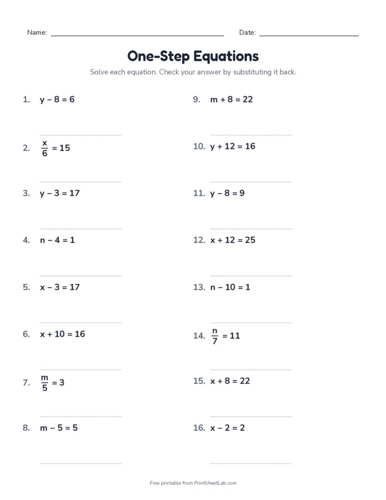 One-step equations: whole numbers worksheet with answer key