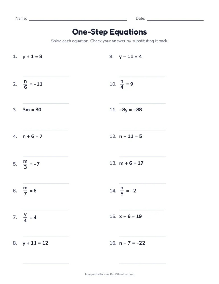 One-step equations with negatives worksheet with answer key