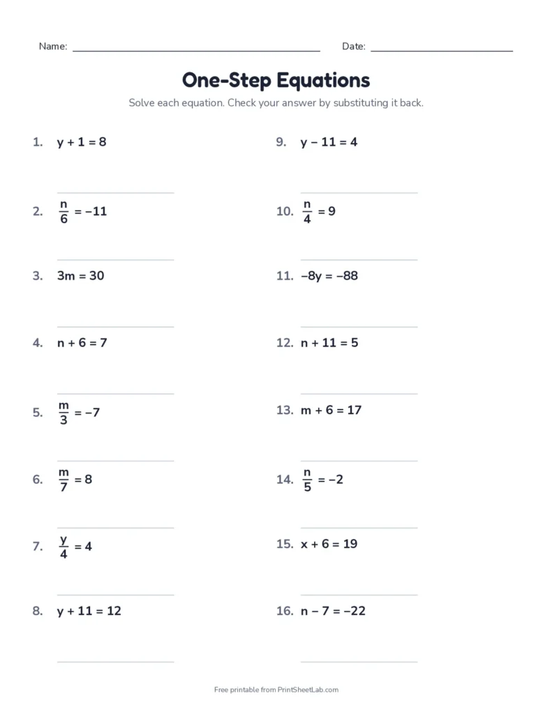 One-step equations with negatives worksheet with answer key