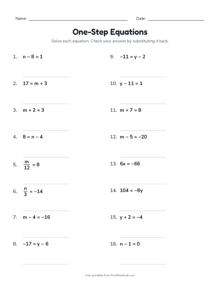 One-step equations: mixed forms worksheet with answer key