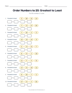 Order Numbers to 20: Greatest to Least printable worksheet for kindergarten and grade 1