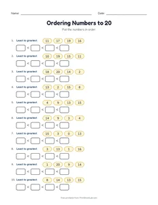 Ordering Numbers to 20 printable worksheet for kindergarten and grade 1