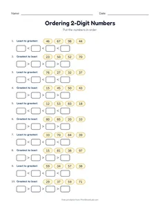 Ordering 2-Digit Numbers printable worksheet for grades 1 and 2