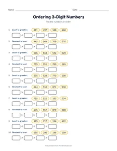 Ordering 3-Digit Numbers printable worksheet for grades 1 and 2