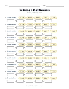 Ordering 4-Digit Numbers printable worksheet for grade 4