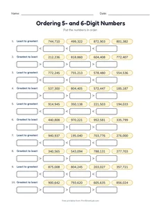 Ordering 5- and 6-Digit Numbers printable worksheet for grade 4