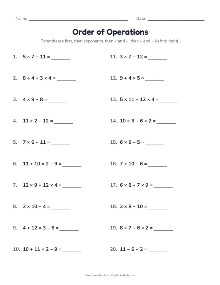Level 1: no parentheses worksheet with answer key