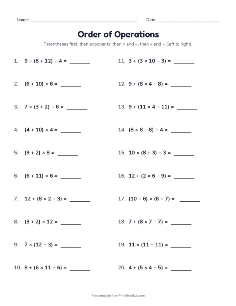 Order of operations worksheet