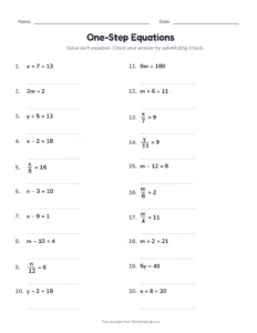 One-Step Equations: Whole Numbers printable worksheet for grades 6 and 7
