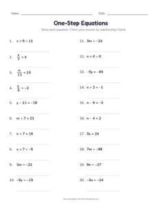 One-Step Equations With Negatives printable worksheet for grades 6 and 7