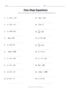 One-Step Equations With Negatives (Set B) printable worksheet for grades 6 and 7