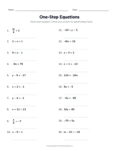 One-Step Equations: Mixed Forms printable worksheet for grades 6 and 7