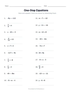 One-Step Equations: Mixed Forms (Set B) printable worksheet for grades 6 and 7