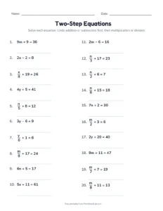 Two-Step Equations: Whole Numbers printable worksheet for grades 7 and 8