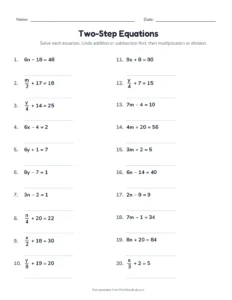 Two-Step Equations: Whole Numbers (Set B) printable worksheet for grades 7 and 8