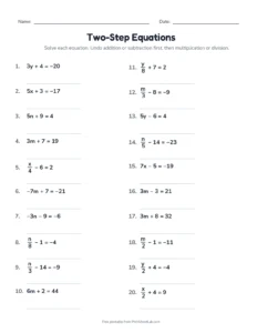 Two-Step Equations With Negatives printable worksheet for grades 7 and 8