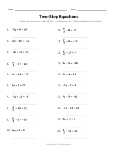 Two-Step Equations With Negatives (Set B) printable worksheet for grades 7 and 8