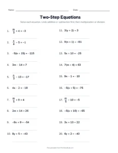 Two-Step Equations With Parentheses printable worksheet for grades 7 and 8