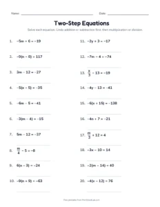 Two-Step Equations With Parentheses (Set B) printable worksheet for grades 7 and 8