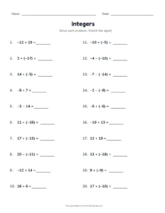 Adding and Subtracting Integers printable worksheet for grades 6 and 7