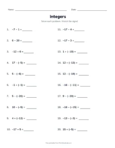 Adding and Subtracting Integers (Set B) printable worksheet for grades 6 and 7