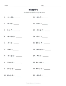 Multiplying and Dividing Integers printable worksheet for grades 6 and 7