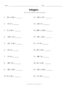 Multiplying and Dividing Integers (Set B) printable worksheet for grades 6 and 7