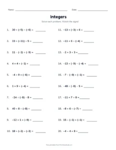 Mixed Integer Problems printable worksheet for grades 6 and 7