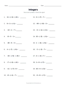 Mixed Integer Problems (Set B) printable worksheet for grades 6 and 7
