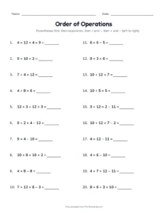 Level 1: + − × ÷ printable worksheet for grades 5 and 6