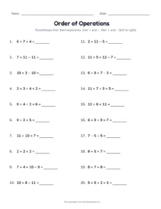 Level 1: + − × ÷ (Set B) printable worksheet for grades 5 and 6